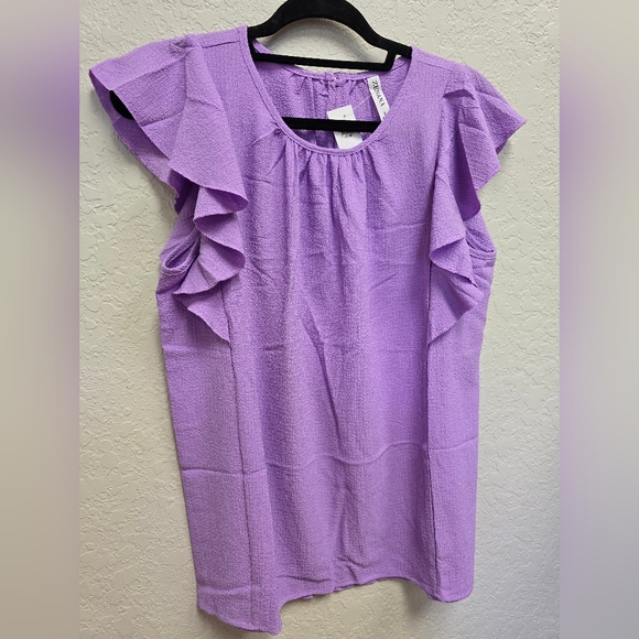 Zenana NWT Women's Purple Airflow Flutter Sleeve Ruffle Sleeve Top Size Large - Picture 4 of 8